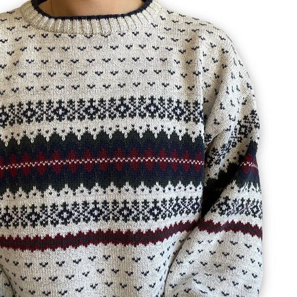 Vintage 90s Unisex Fair Isle Geometric Cotton Retro Ski Grandpa Sweater Sz L - Picture 6 of 7